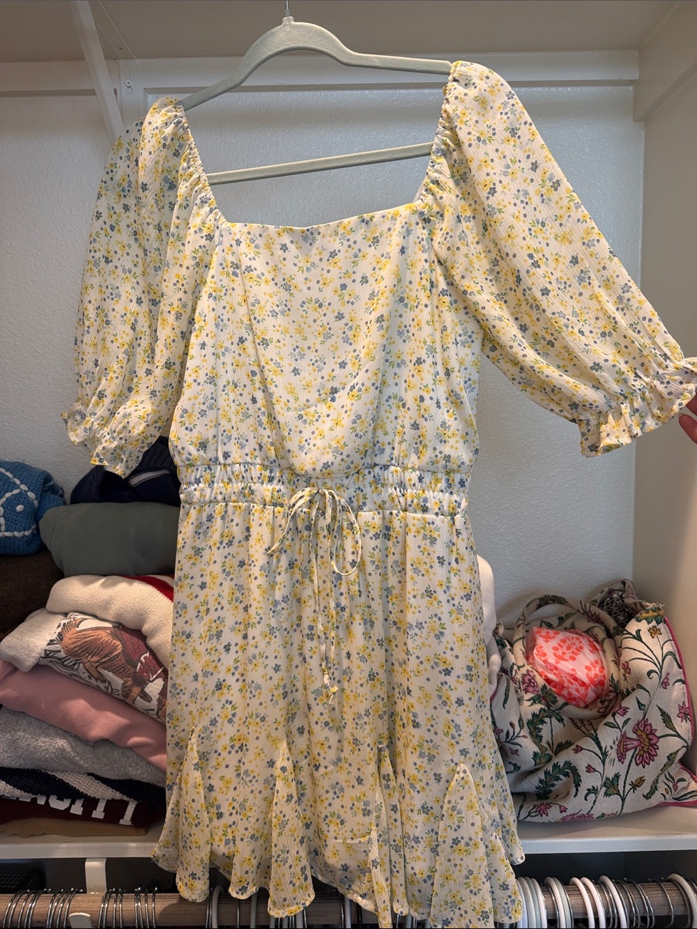 Yellow Floral Smocked-Waist Puff Sleeve Dress